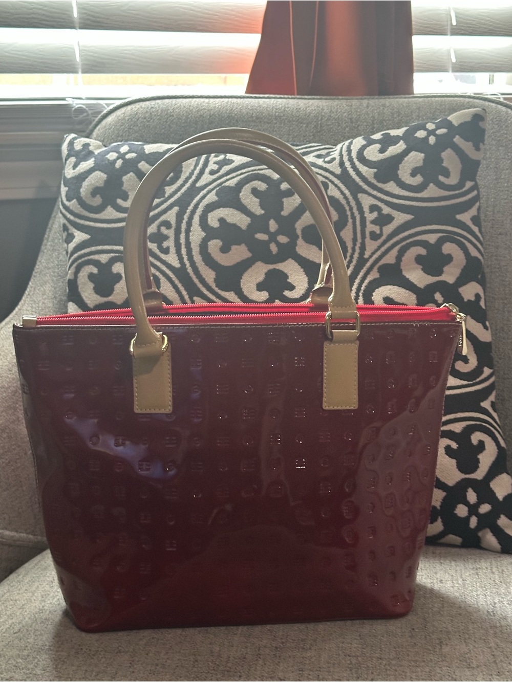 Arcadia Red Patent Tote with Tan Handles